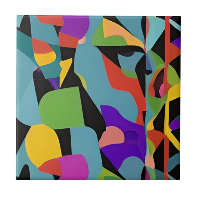 Colourful boho modern abstract art blue red patter ceramic tile (Front)