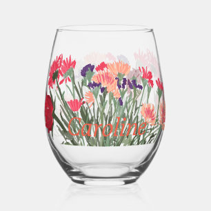 Colourful Boho Pretty Spring Flowers +Custom Name Stemless Wine Glass
