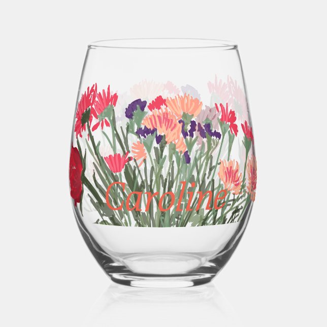 Colourful Boho Pretty Spring Flowers +Custom Name Stemless Wine Glass (Front)