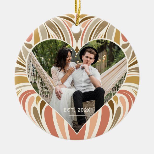 Colourful Boho Print Heart Photo and Wedding Year Ceramic Ornament (Front)