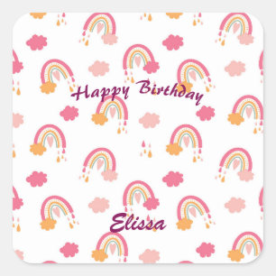 Colourful Boho Rainbow Pattern Birthday Name Square Sticker