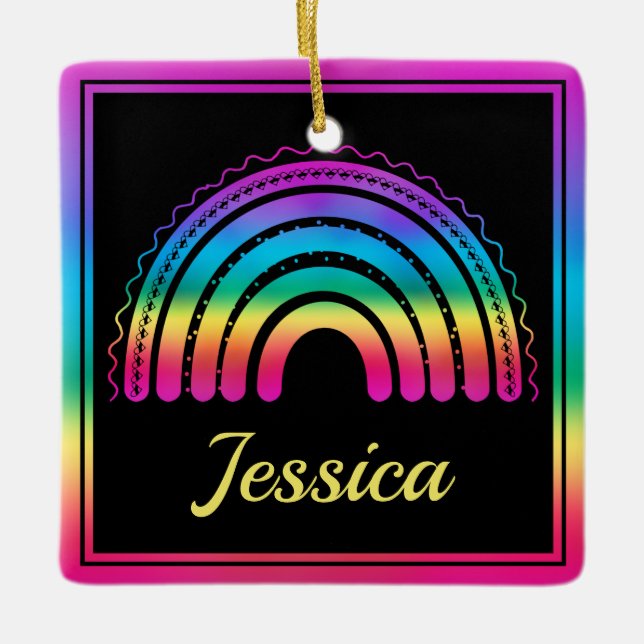 Colourful Boho Rainbow Throw Pillow Ceramic Ornament (Front)