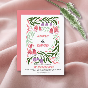 Colourful boho retro branches and flowers wedding invitation