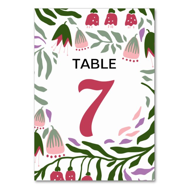 Colourful boho retro folklore flowers wedding table number (Front)