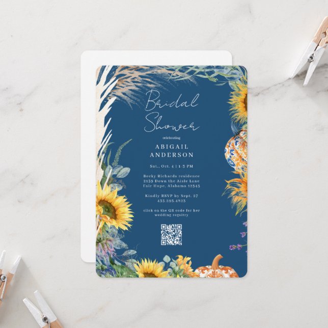 Colourful Boho Teal Pumpkin Fall Bridal Shower  Invitation (Front/Back In Situ)