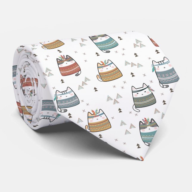 Colourful Boho Tribal Funny Cat Neck Tie (Rolled)