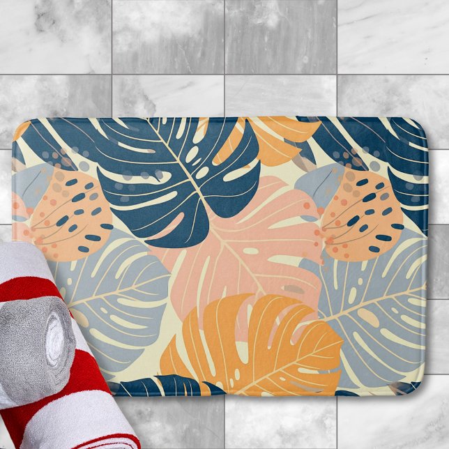 Colourful Boho Tropical Leaves Pattern Bath Mat (Creator Uploaded)