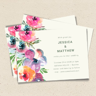 Colourful Boho Watercolor Flowers Simple Wedding Invitation
