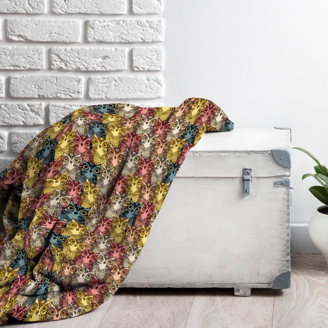 Colourful Boho Woodland Owl Pattern Fleece Blanket (Owl Pattern Fleece Blanket)