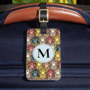 Colourful Boho Woodland Owl Pattern & Monogram Luggage Tag