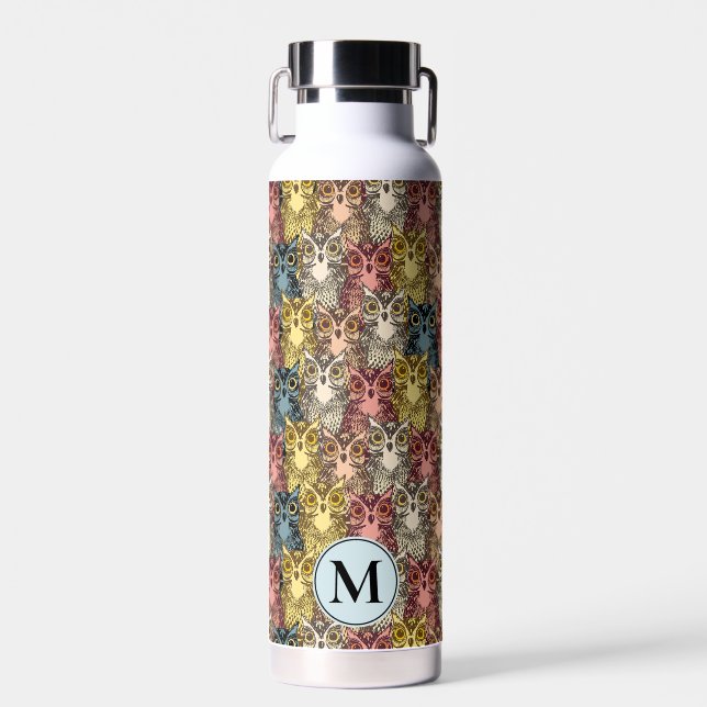 Colourful Boho Woodland Owl Pattern & Monogram Water Bottle (Front)