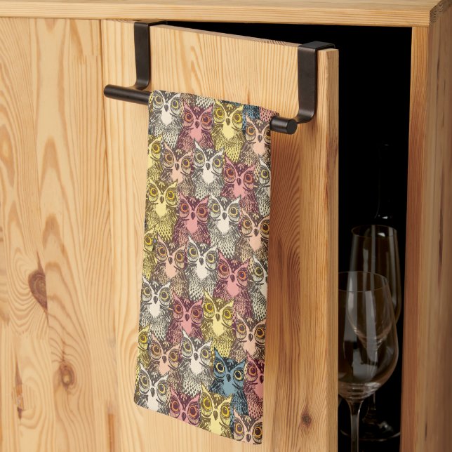 Colourful Boho Woodland Owl Pattern Tea Towel (Thirds Fold)