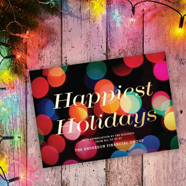 Colourful Bokeh Happiest Holidays Gold Christmas  Foil Holiday Card (Creator Uploaded)