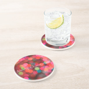 Colourful Bokeh Lights Merry Christmas Greeting Coaster