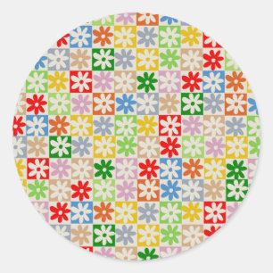 Colourful Bold Aesthetic Chequered Flower Pattern Classic Round Sticker