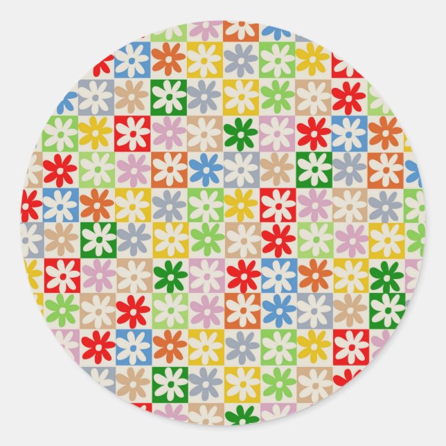 Colourful Bold Aesthetic Chequered Flower Pattern Classic Round Sticker (Front)