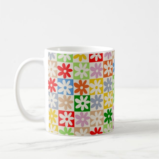 Colourful Bold Aesthetic Chequered Flower Pattern Coffee Mug (Left)