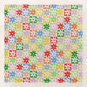 Colourful Bold Aesthetic Chequered Flower Pattern Glass Coaster