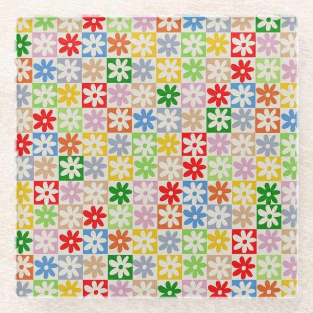 Colourful Bold Aesthetic Chequered Flower Pattern Glass Coaster (Front)