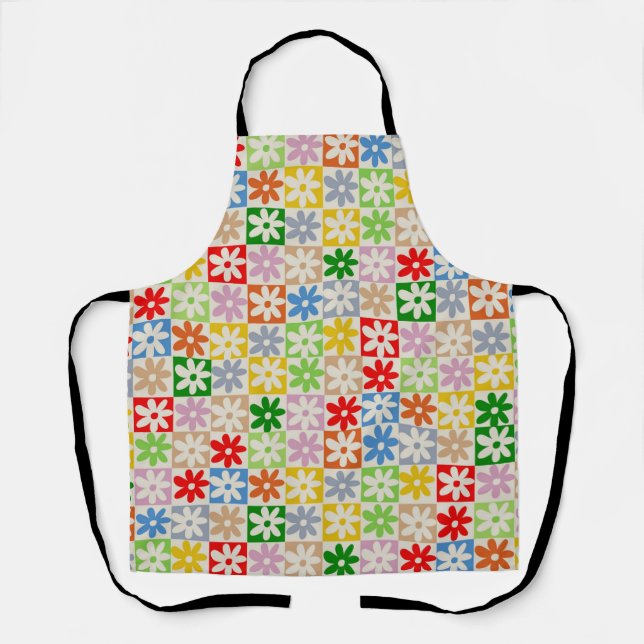 Colourful Bold Chequered Flower Y2K Pattern Apron (Front)