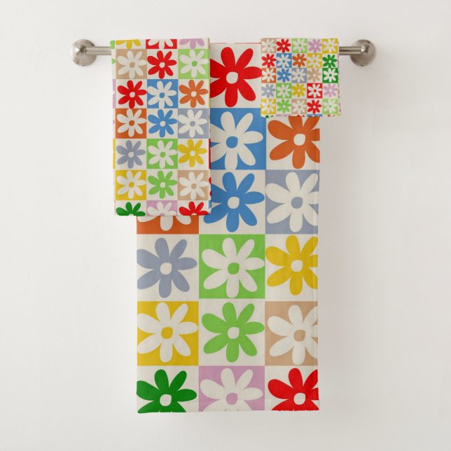 Colourful Bold Chequered Flower Y2K Pattern Bath Towel Set (Insitu)