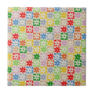 Colourful Bold Chequered Flower Y2K Pattern Ceramic Tile