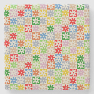 Colourful Bold Chequered Flower Y2K Pattern Stone Coaster