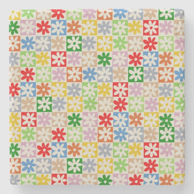 Colourful Bold Chequered Flower Y2K Pattern Stone Coaster (Front)