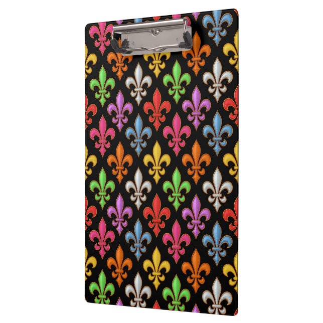Colourful Bold Fleur-de-lis Flowers Black  Clipboard (Left)