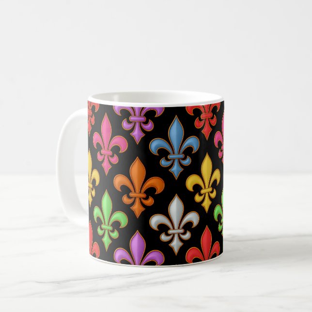 Colourful Bold Fleur-de-lis Flowers Black  Coffee Mug (Front Left)