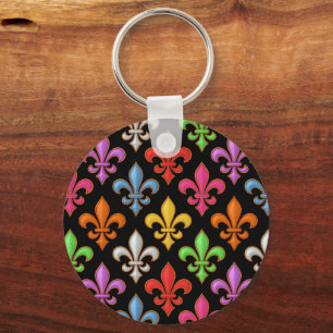 Colourful Bold Fleur-de-lis Flowers Black Key Ring