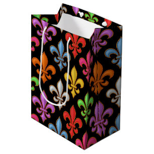 Colourful Bold Fleur-de-lis Flowers Black Medium Gift Bag