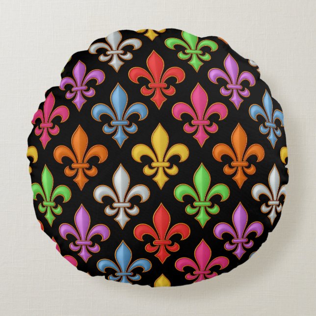 Colourful Bold Fleur-de-lis Flowers Black  Round Cushion (Front)