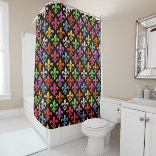 Colourful Bold Fleur-de-lis Flowers Black  Shower Curtain