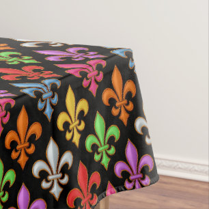 Colourful Bold Fleur-de-lis Flowers Black Tablecloth