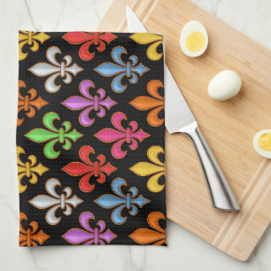 Colourful Bold Fleur-de-lis Flowers Black Tea Towel
