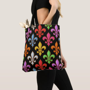 Colourful Bold Fleur-de-lis Flowers Black Tote Bag