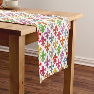 Colourful Bold Fleur-de-lis Flowers White Short Table Runner