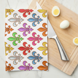 Colourful Bold Fleur-de-lis Flowers White Tea Towel