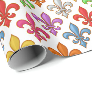 Colourful Bold Fleur-de-lis Flowers White Wrapping Paper