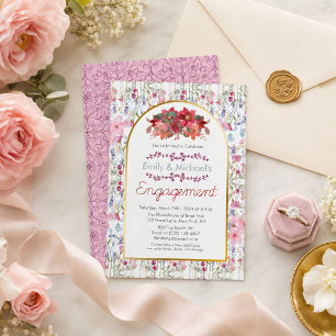Colourful Bold Floral Blooms Gold Engagement Party Invitation