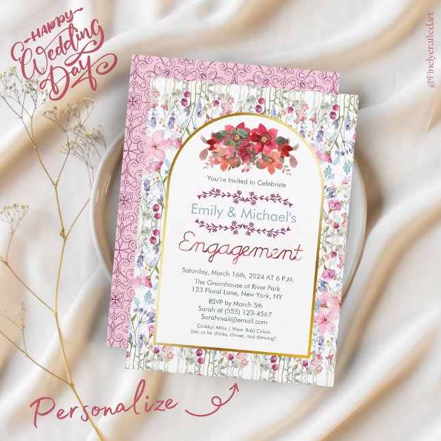 Colourful Bold Floral Blooms Gold Engagement Party Invitation (Creator Uploaded)