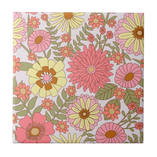 Colourful Bold Floral Pattern Pink Flowers Ceramic Tile (Front)