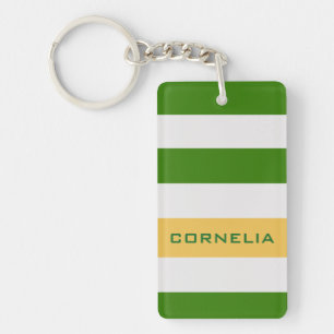 Colourful Bold Green Stripes with Custom Name Key Ring