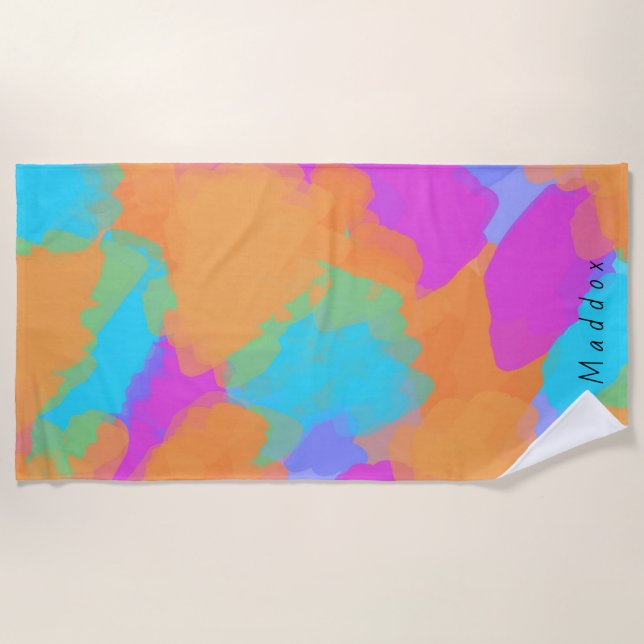 Colourful Bold Modern Artist Pattern + Custom Name Beach Towel (Front)