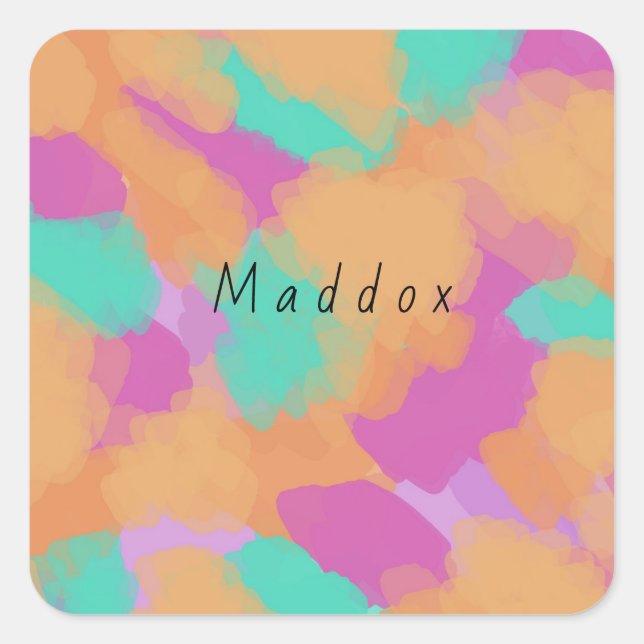 Colourful Bold Modern Artist Pattern + Custom Name Square Sticker (Front)