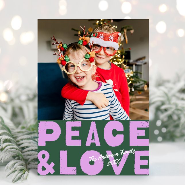 Colourful Bold Peace & Love Green Purple Photo Holiday Card (Creator Uploaded)