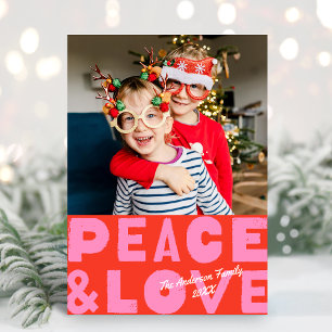 Colourful Bold Peace & Love Red Pink Photo Holiday Card