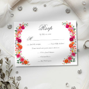 Colourful Bold Pink & Orange Floral Garden Wedding RSVP Card