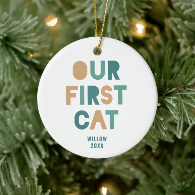 Colourful Bold Text Personalised Our First Pet Cat Ceramic Ornament (Tree)